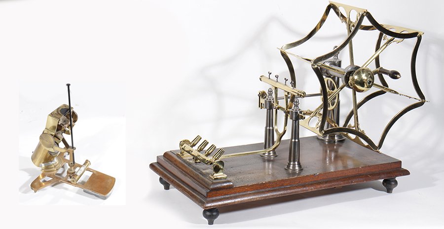 BRASS BOTANIST MICROSCOPE AND BRASS YARN SPINNER: A grouping of two items to include a solid brass botanist field microscope with filters and level and a brass yarn spinner.Yarn spinner Ht: 23" Width: 34" Depth: 14"Microscope Ht: 6" Width: 5.5" Depth