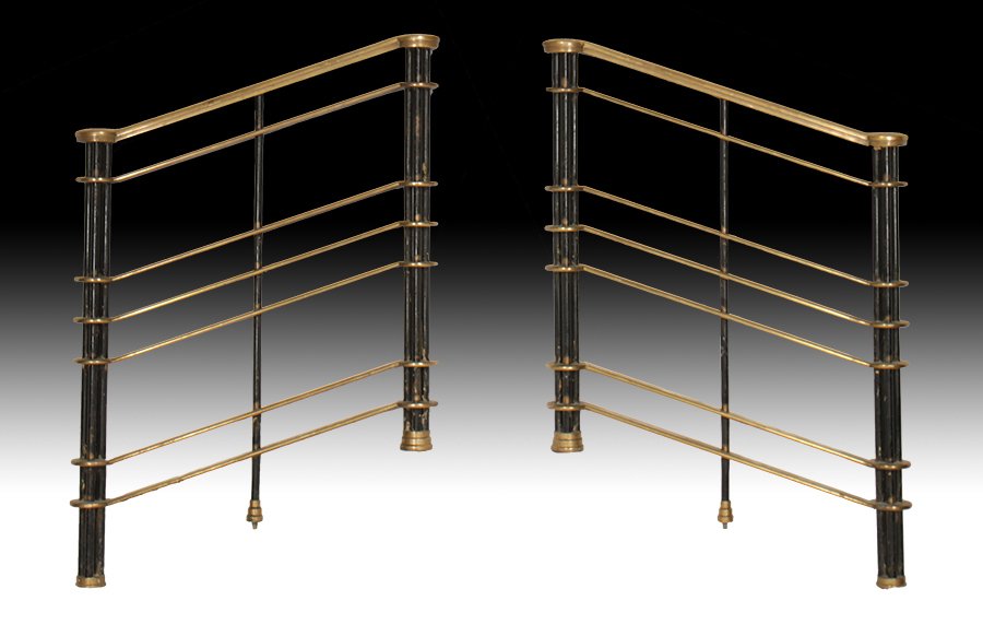 PR ART DECO BRONZE ENTRANCE RAILINGS 1930: A pair of Art Deco bronze entrance railings in the manner of Frank Lloyd Wright having polished hand rails and cluster supports circa 1930. Ht: 40" Width: 33"