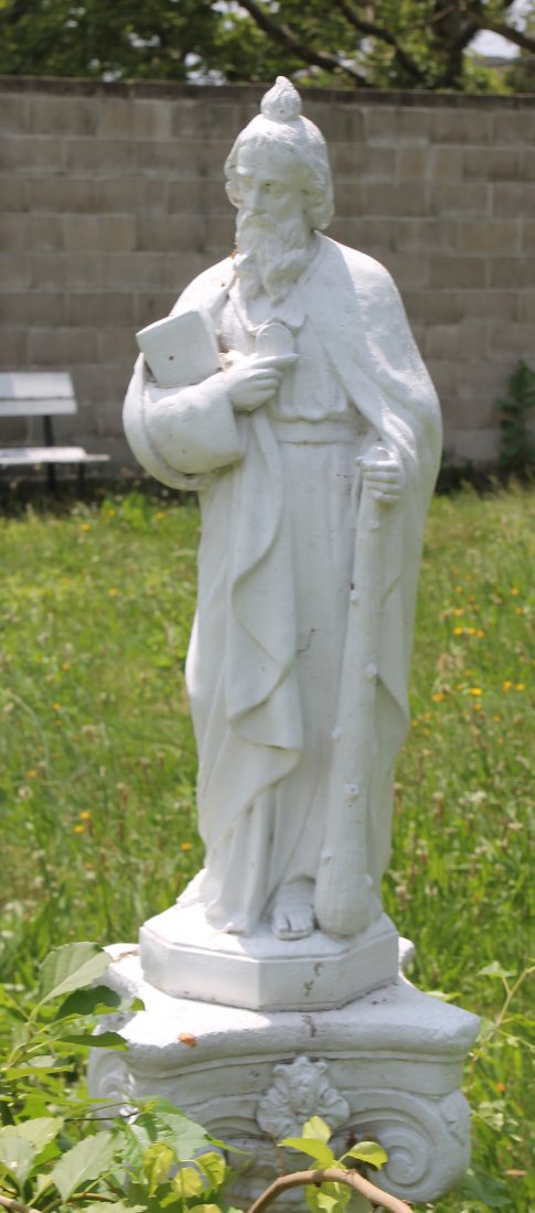 A CAST STONE PLATER STATUE OF SAINT JUDE: A cast stone plater statue of Saint Jude. Measurement of Statue only = Ht:33" Width:18" Depth:18" Provenance: Convent of the Dominican Sisters of the Perpetual Rosary. This lot is beings sold in situ.