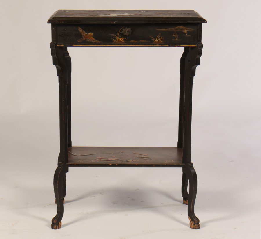 ENGLISH EDWARDIAN CHINOISERIE SIDE TABLE 1890: English Edwardian chinoiserie decorated side table having lift top over lower shelf supported on shaped legs circa 1890. Ht: 29.5" Width: 21" Depth: 14"