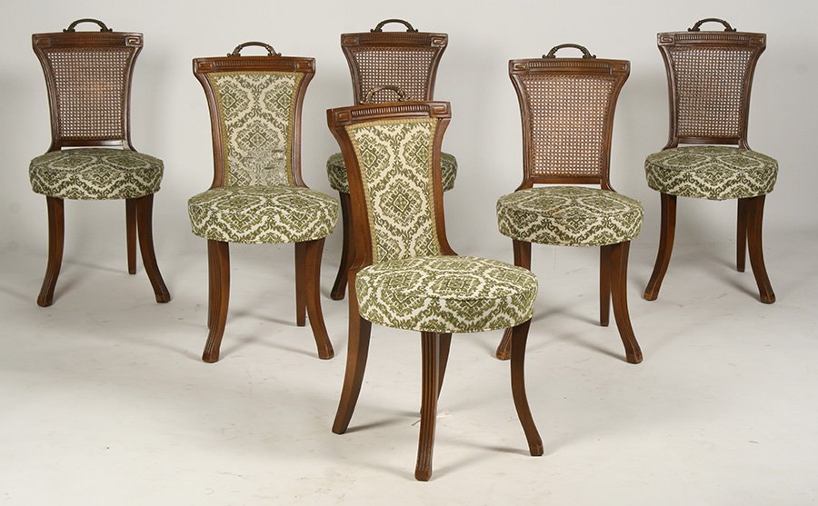SET 6 LABELED HICKORY CHAIRS UPHOLSTERED: A set of six labeled hickory chairs with caned back splat and round upholstered set raised on curved and reeded legs. Ht: 25" Width: 17.5" Depth: 16.5"