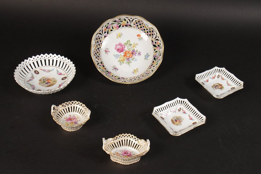 6 PC LOT DRESDEN STYLE GERMAN PORCELAIN 1900: Six piece lot of Dresden style German porcelain including two hand painted KPM reticulated nut dishes circa 1900. Tallest Ht: 2"
