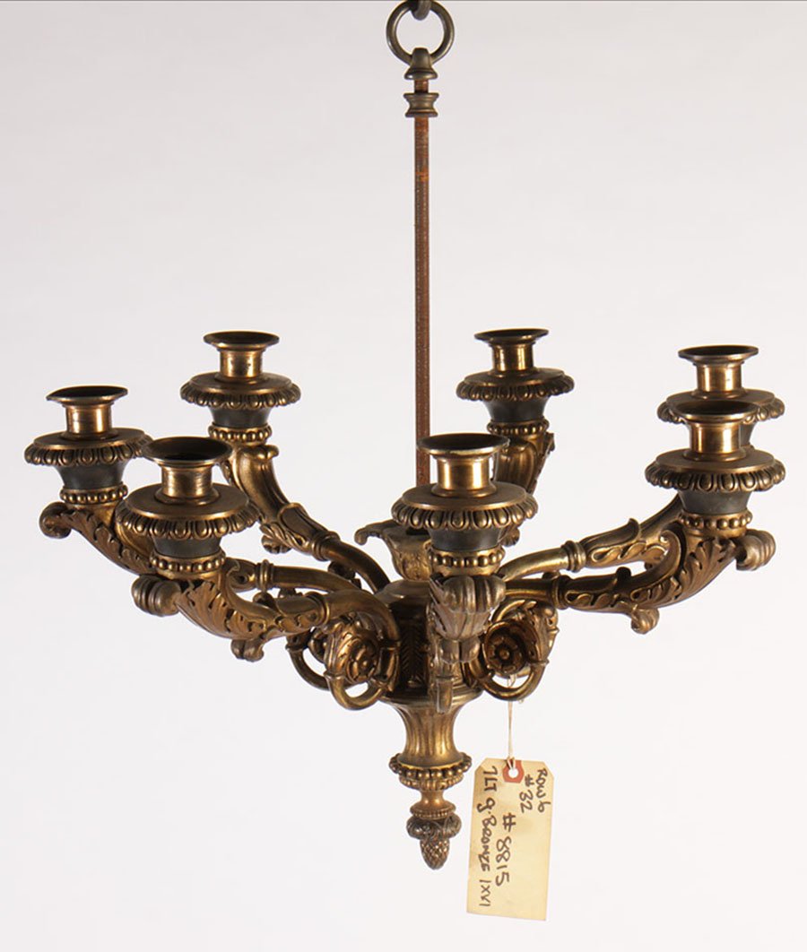 5 ANTIQUE BRONZE LIGHTING CHANDELIER SCONCES 1900: A collection of five antique bronze lighting items consisting of a seven arm chandelier, three sconces, and one ceiling mount circa 1900. Ht: 23" Width: 21" (chandelier)