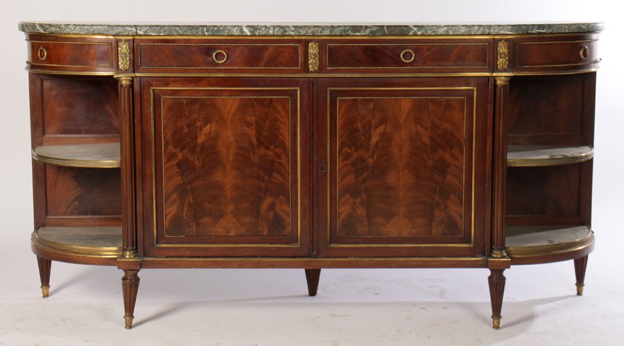 LABELED ESCALIER DE CRISTAL PARIS SERVER 1880: A very good labeled Escalier de Cristal Paris Directoire style server having shaped marble top over four bronze beaded drawers circa 1880. Above open marble top shelves and two central bookmatched doo