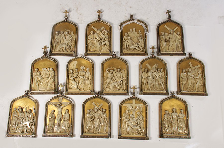LOT OF 14 CAST PLASTER STATIONS OF THE CROSS 1910: A lot of fourteen cast plaster stations of the cross circa 1910. Provenance: Convent of the Dominican Sisters of the Perpetual Rosary. Ht: 23" Width: 12"