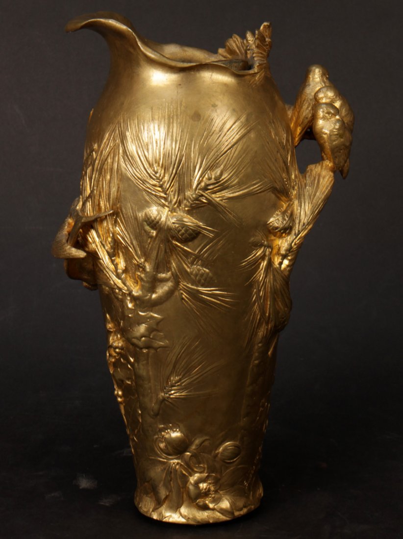 GILT BRONZE ART NOUVEAU VASE SIGNED F DUBON 1880: A stunning gilt bronze Art Nouveau vase featuring birds, bleeding heart flowers, holly pine and hellebore's circa 1880. Signed 'F. Dubon' Susse Freres Foundry. Ht: 12.5" Width: 7.5" Depth: 5"
