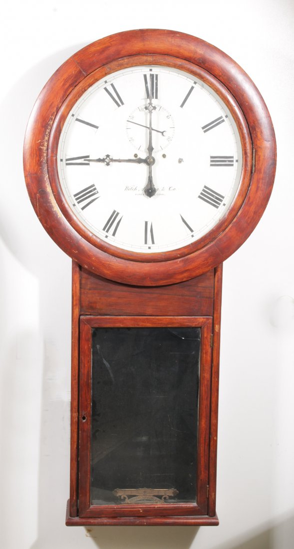 LARGE WALL REGULATOR CLOCK WELCH SPRING CO 1870: A monumental wall regulator by the Welch Spring & Co., Forestville Ct. retaining its original hand painted dial circa 1870. Having seconds register and original regulator. Ht: 52" Width: 25" Depth: 5"