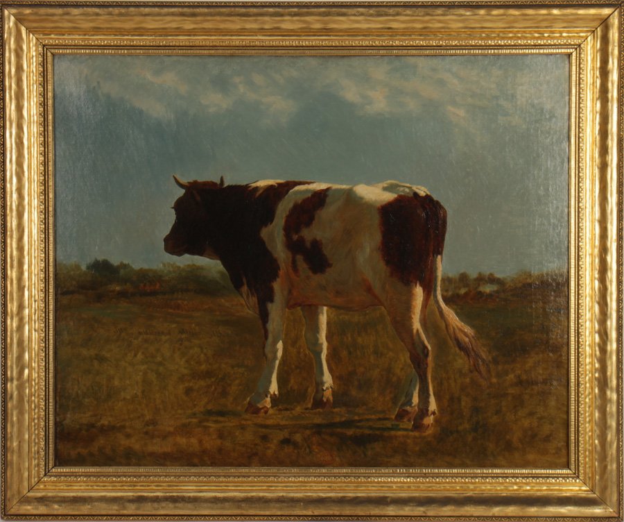 CONSTANT TROYON VACHE OIL CANVAS STAMPED: Constant Troyon (French, 1810-1865) "Vache" Oil on canvas, estate stamped "Vente Troyon" lower center. Image size: 23" x 28.5" Ht: 29" Width: 34.25" (framed)