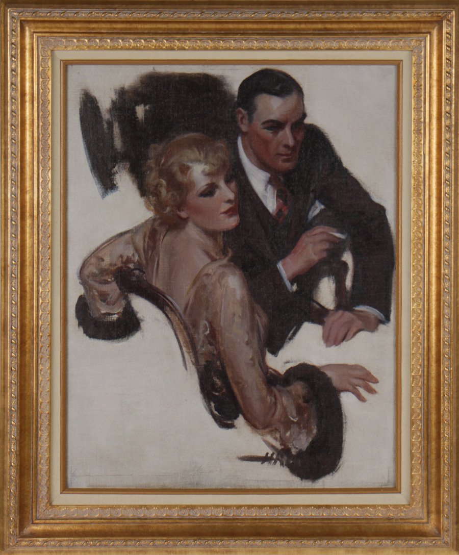 H. ANDERSON ROMANTIC DISCUSSION SAT. EVENING POST: Harold N. Anderson (Connecticut/Massachusetts, 1894-1973) Saturday Evening Post "Romantic Discussion". Oil on board. Image size: 18" x 14" Ht: 23" Width: 19"