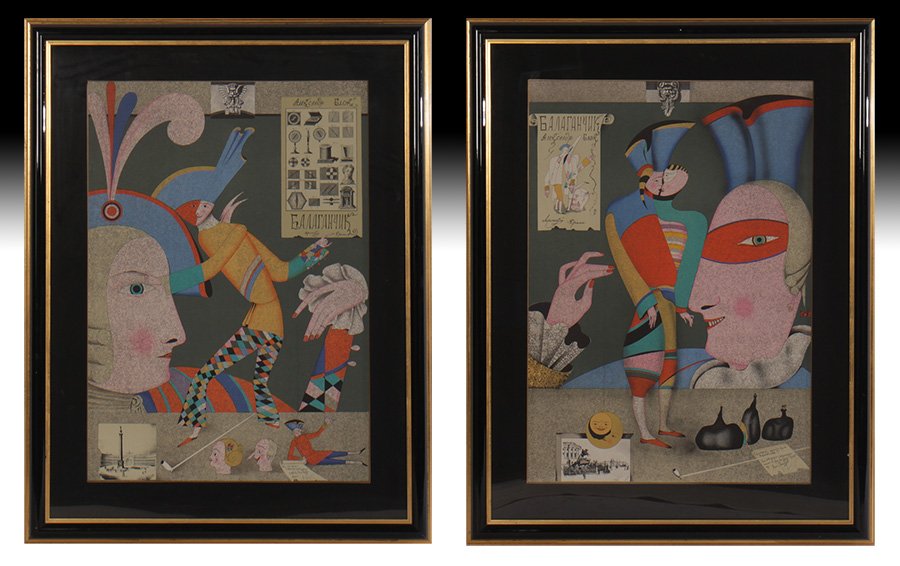 2 LITHOGRAPHS IN COLOR PENCIL SIGNED CHEMIAKIN: Mihail Chemiakin (New York/Russian) Two lithographs in colour 'Le Cirque Russe I' edition 14/150, pencil signed lower right. Ht: 47" Width: 36.5" (framed)