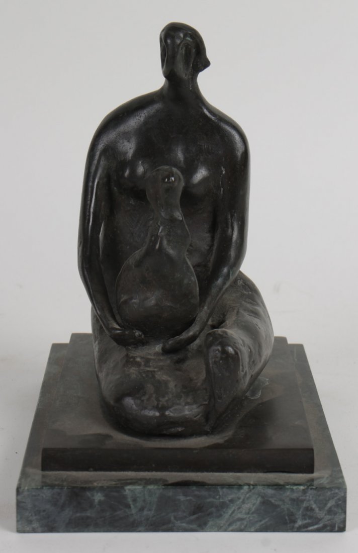 HENRY MOORE "SEATED MOTHER & CHILD" BRONZE: Henry Moore (British, 1898-1986) "Seated Mother and Child" bronze sculpture resting on marble plinth, inscribed 'Moore", edition 8 of 9. Ht: 8" Width: 5" Depth: 6.75"