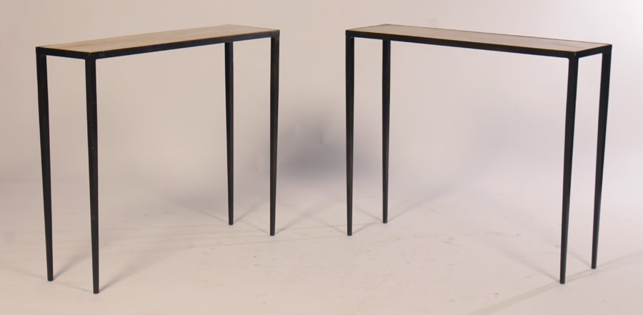 PR IRON CONSOLE TABLES JEAN MICHEL FRANK STYLE: A slender pair of iron and parchment console tables in the manner of Jean Michel Frank. Ht: 33" Width: 39" Depth: 11"
