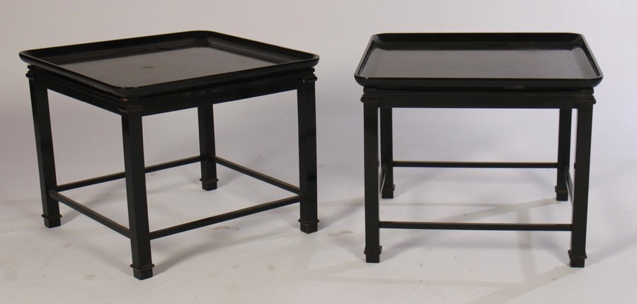 PR JAMES MONT STYLE TRAY TOP END TABLES GILT: A pair of James Mont style tray top end tables having ebonized and mottled gilt decorated removable tops. Supported on tapering legs with box stretcher. Ht: 19.5" Width: 23.5" Depth: 23.5"