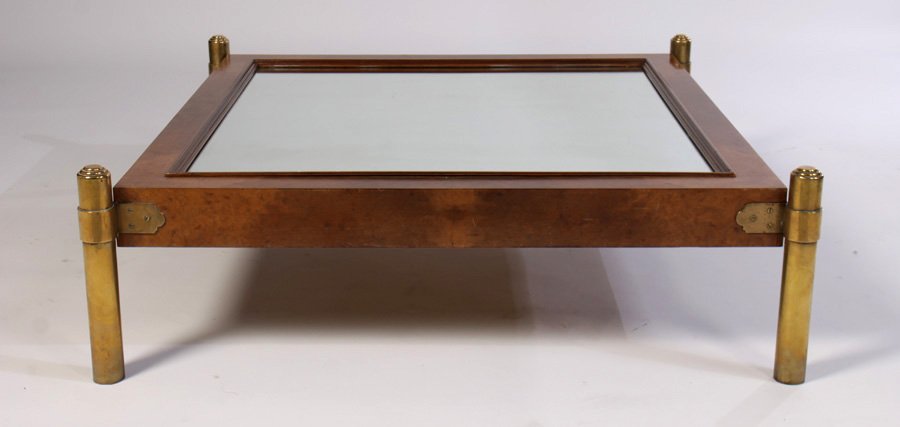 FRENCH MODERN COFFEE TABLE MIRRORED TOP 1970: A good French mid century modern coffee table having inset mirrored top with burled walnut frame supported by bronze corner posts circa 1970. Ht: 14.5" Width: 46" Depth: 46"