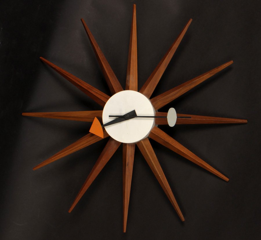 GEORGE NELSON SUNBURST WALL CLOCK 1960: A George Nelson sunburst wall clock circa 1960. Dia: 19"