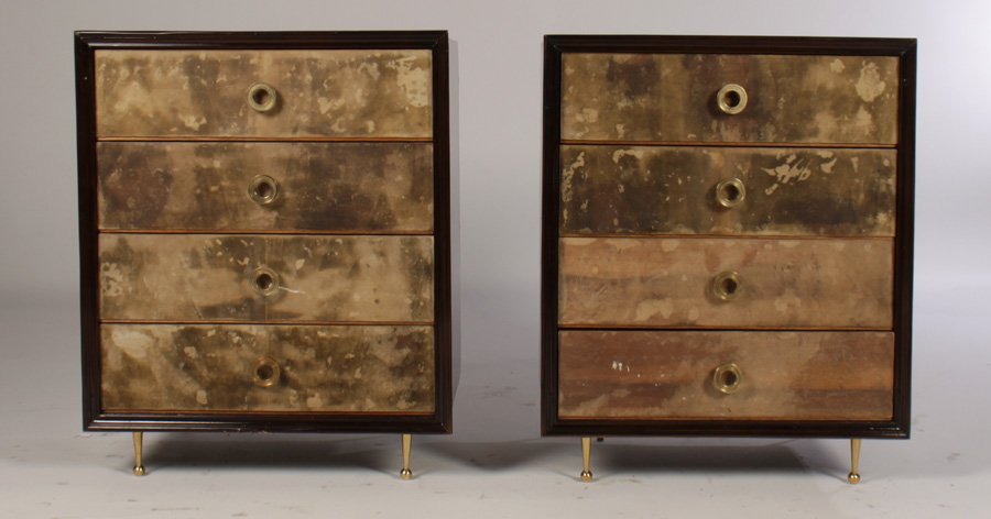 PR MODERN PARCHMENT FRONT SIDE CABINETS 4 DRAWERS: A pair of mid century modern parchment front side cabinets, each having four drawers with central bronze round pulls. Raised on bronze tapered legs. Ht: 30.5" Width: 25" Depth: 18"