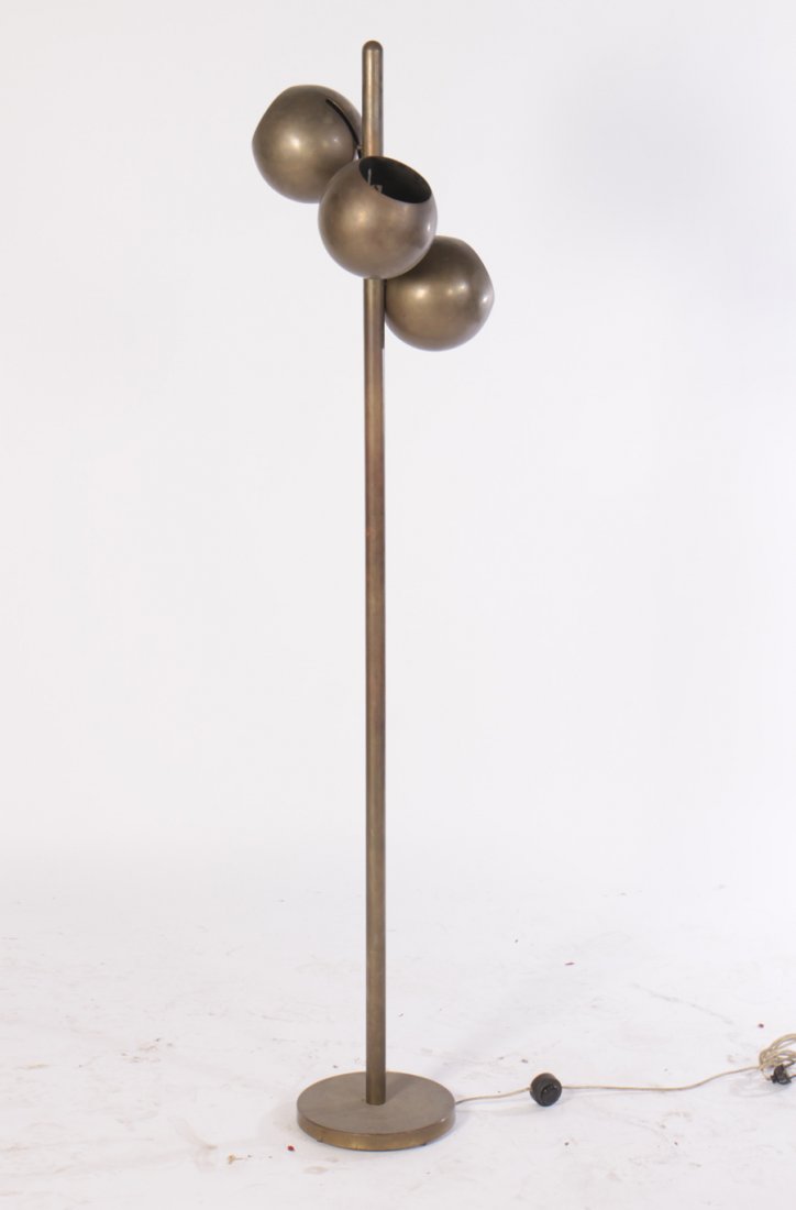 MODERN BRASS FLOOR LAMP BALL SHADES 1950: A mid century modern brass floor lamp with ball form shades circa 1950. Ht: 65.5"