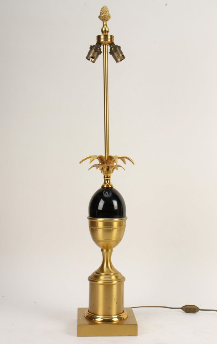 MAISON CHARLES BRASS LAMP EGG FORM 1970: A Maison Charles brass lamp with central egg form supported on pedestal and plinth base circa 1970. Ht: 29"
