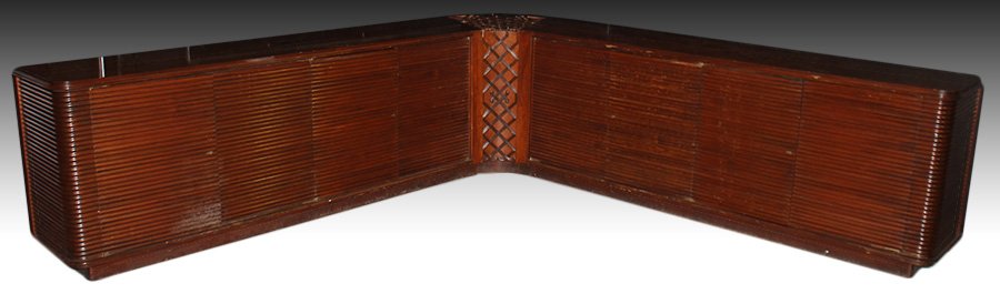 RARE "L" FORM SIDEBOARD TAMBOUR DOORS C. 1960: Rare and unusual mid century modern Italian mahogany "L" form sideboard having four pairs of tambour style doors circa 1960. Ht:33.75" Width:one is 96" other is 113" Depth:21"