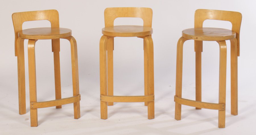 SET OF THREE BAR STOOLS BY ALVAR AALTO: A set of three bar stools by Alvar Aalto. Ht: 28" Width: 14" Depth: 14"
