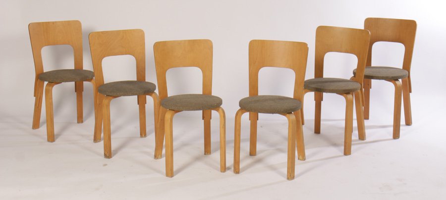 SET OF SIX CHAIRS ALVAR AALTO: A set of six chairs by Alvar Aalto. Ht: 30" Width: 15" Depth: 15"