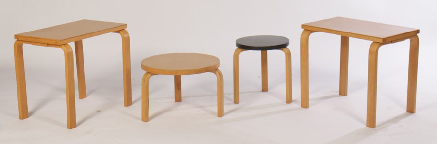 PAIR END TABLES 2 ROUND TABLES ALVAR AALTO: A pair of rectangular end tables and two round occasional tables, all by Alvar Aalto. Ht: 20.5" Width: 24" Depth: 16" (largest)