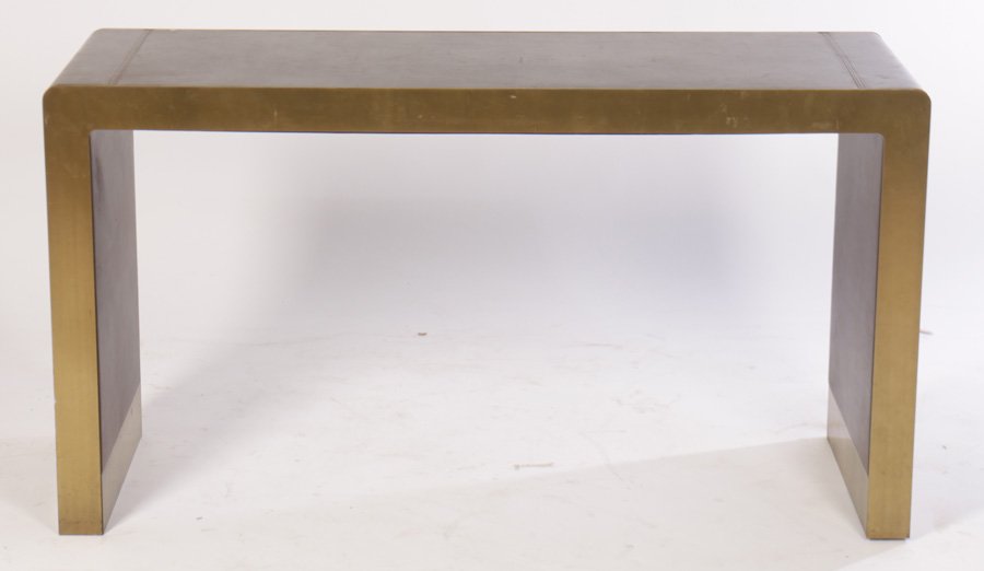 PIERRE CARDIN STYLE LEATHER BRONZE CONSOLE 1970: A Pierre Cardin style stitched leather and bronze console circa 1970. The console is finished on both sides. Ht: 29" Width: 55" Depth: 20"