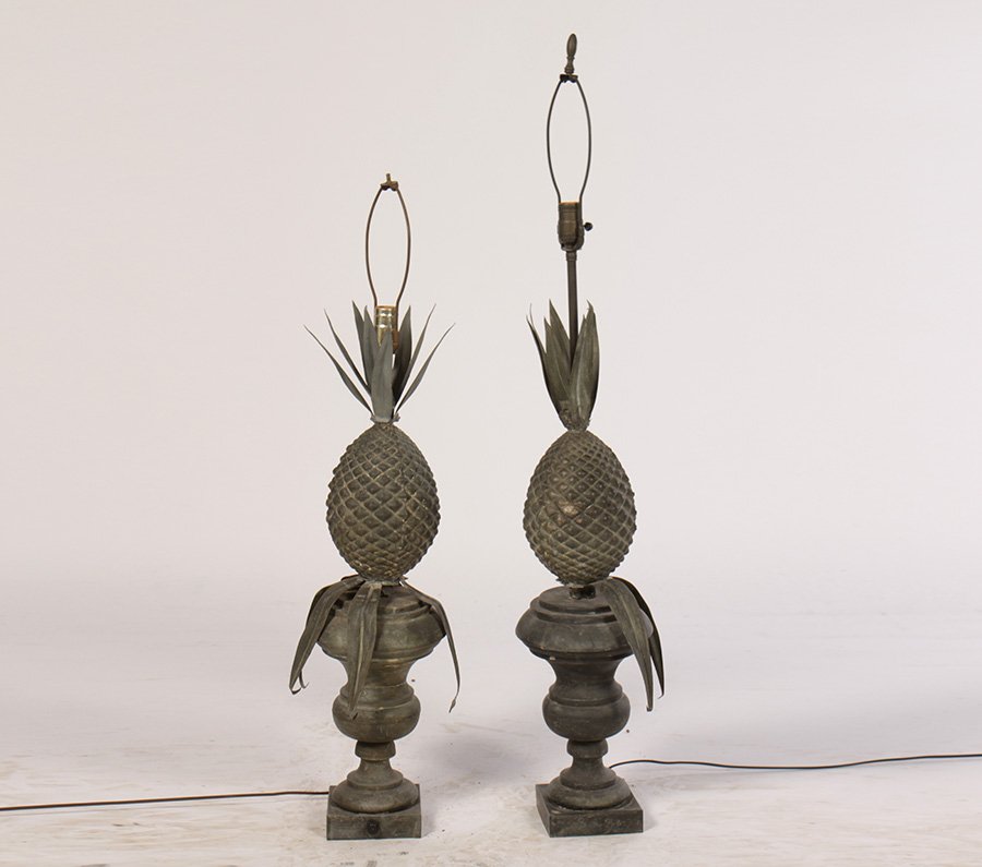 PAIR TOLE PINEAPPLE FORM LAMPS URN BASES: A pair of tole pineapple form lamps with classical urn bases. Ht: 29" Width: 6.5" Depth: 6.5"