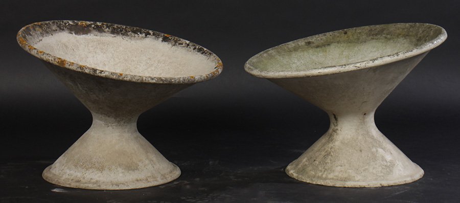 PAIR WILLY GUHL CAST SAUCER FORM PLANTERS: A pair of Willy Guhl cast saucer form planters with rolled rim and conical shape supported by similar design base. Ht: 18.5" Dia: 25"