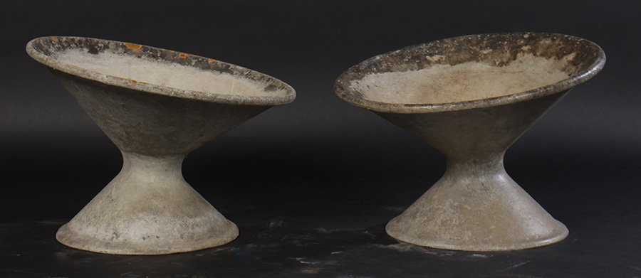 PAIR WILLY GUHL GARDEN URNS CONE BASE: A pair of Willy Guhl garden urns having rolled upper rim over conical shaped urn supported on similar cone form base. Ht: 18.5" Dia: 25"