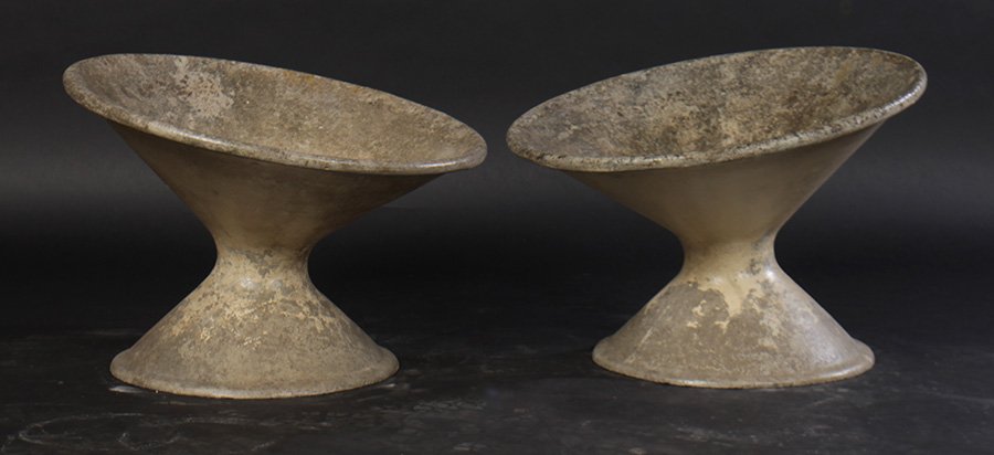 PAIR WILLY GUHL CAST GARDEN PLANTERS 1950: A pair of Willy Guhl cast garden planters having fitted vase form tops and conical bases circa 1950. Ht: 18" Dia: 25"