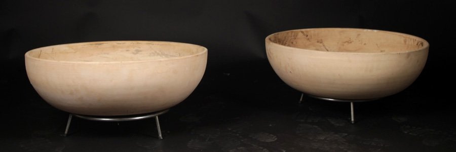 LARGE PAIR ACHITECTURAL POTTERY PLANTERS: A large pair of Architectural Pottery planters in a bowl form, both raised on iron bases. Ht: 11" Width: 26"