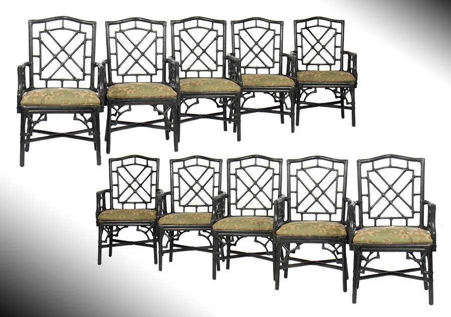 SET 10 MCGUIRE FAUX BAMBOO RATTAN ARM CHAIRS: A set of ten McGuire faux bamboo rattan arm chairs having x-form back over upholstered seat. Ht: 39" Width: 23" Depth: 21"