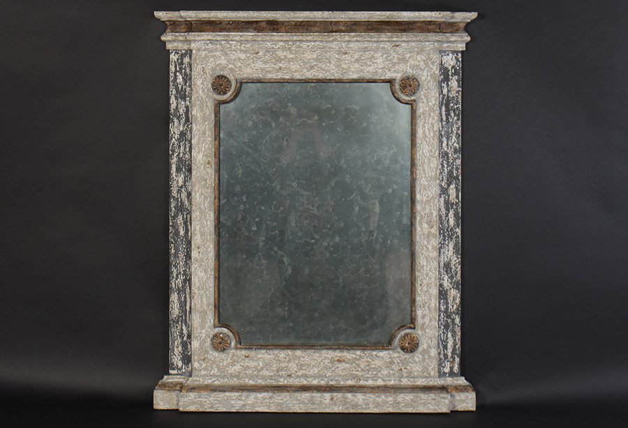 CONTINENTAL POLYCHROME PAINTED & GILT MIRROR: A Continental style polychrome painted and gilt decorated mirror having molded cornice over distressed mirrored panel. Ht: 33.5" Width: 43"