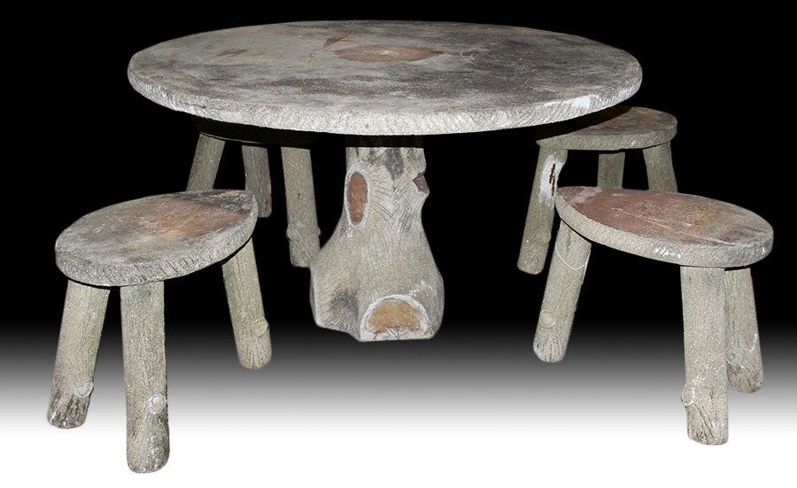 VINTAGE 5 PC CAST STONE FAUX BOIS TABLE 4 CHAIRS: a good vintage five piece cast stone faux bois garden set including a round table and four chairs. Ht: 26" Dia: 44.5" (table)