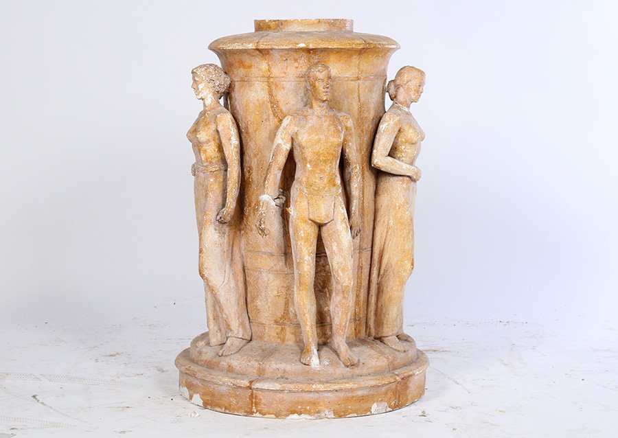 CHARLES RUDY CAST PLASTER FIGURAL SCULPTURE: A very good Charles Rudy cast plaster figural sculpture, originally designed as the base of a flag pole. Having standing figures framing a central column. All raised on stepped base. The sculpture was