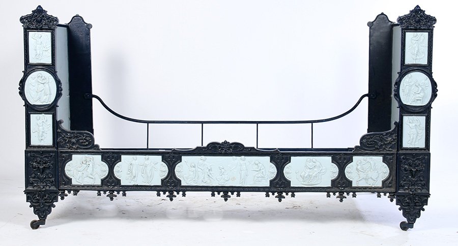 CAST IRON 19TH C. PAINTED DAYBED SIGNED CHATILLON: A lovely cast iron nineteenth century painted daybed signed Chatillon depicting classical maidens engaged in various artistic endeavors. Ht: 44" Width: 78" Depth: 9"