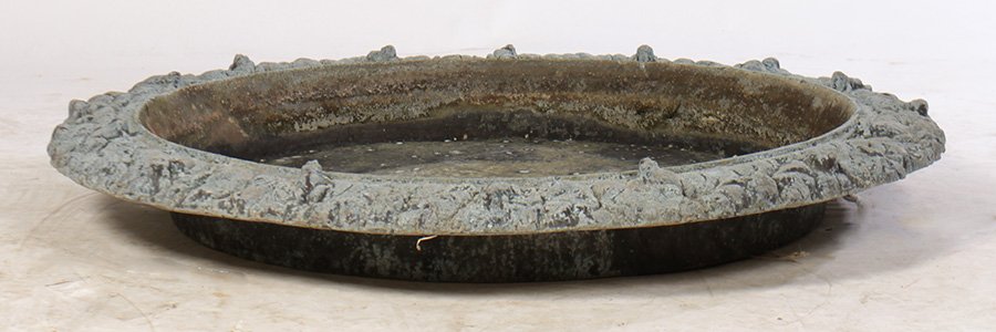 LATE 19TH C. ZINC FROG & LILY PAD FOUNTAIN FISKE: A good late nineteenth century zinc frog and lily pad fountain pan attributed to Fiske. Ht: 7" Dia: 46"