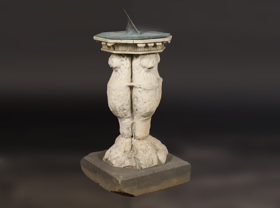 19TH C. CARVED MARBLE SUNDIAL BRONZE 4 LIONS: A good nineteenth century carved marble sundial having bronze dial supported by four lion form caryatids. All raised on stone plinth base. Ht: 29" Width: 14" Depth: 14"