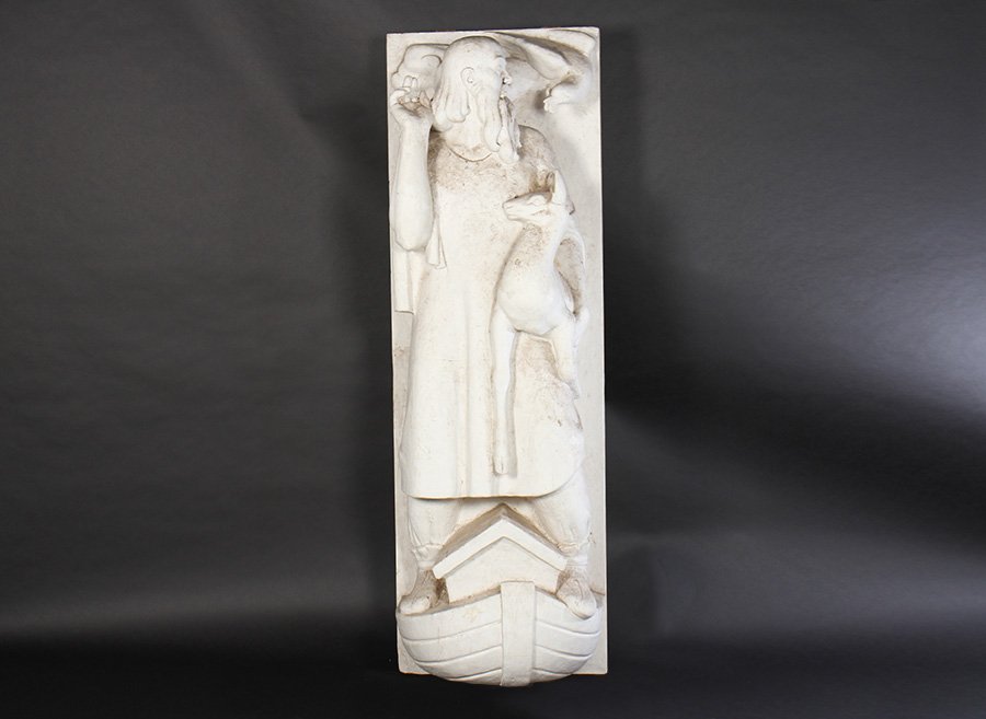 CHARLES RUDY PLASTER FIGURAL SCULPTURE NOAH ARK: A good Charles Rudy plaster figural sculpture of Noah with his ark, originally completed in 1938 for the facade of the Bronx post office. Featuring a stylized deer and doe of peace. Ht: 81" Width: 26.