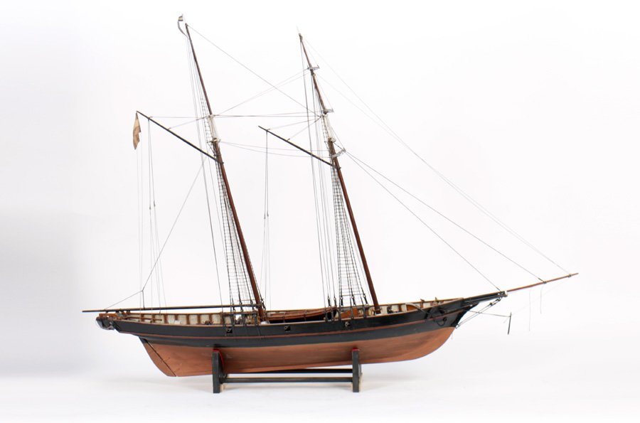HAND MADE CARVED & SHAPED WOOD SHIP MODEL C.1900: A very good hand made wood carved and shaped ship model having rigged masts circa 1900. A very well detailed model. Ht: 32" Width: 43" Depth: 8"