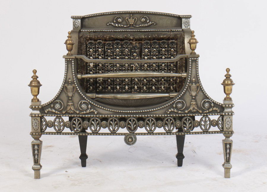 LABELED HUMPHREY CAST IRON FIREPLACE INSERT: A labeled 'Humphrey' cast iron Regency style radiant fire heater fireplace insert having urn and garland decoration. Ht: 24" Width: 30" Depth: 9"