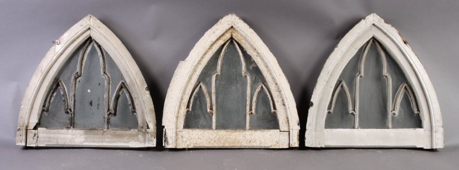 SET 15 PEAKED TOP GOTHIC WINDOWS ZINC: Set of fifteen peaked top gothic windows with zinc mullions circa 1900. Ht: 26" Width: 26" Depth: 3"