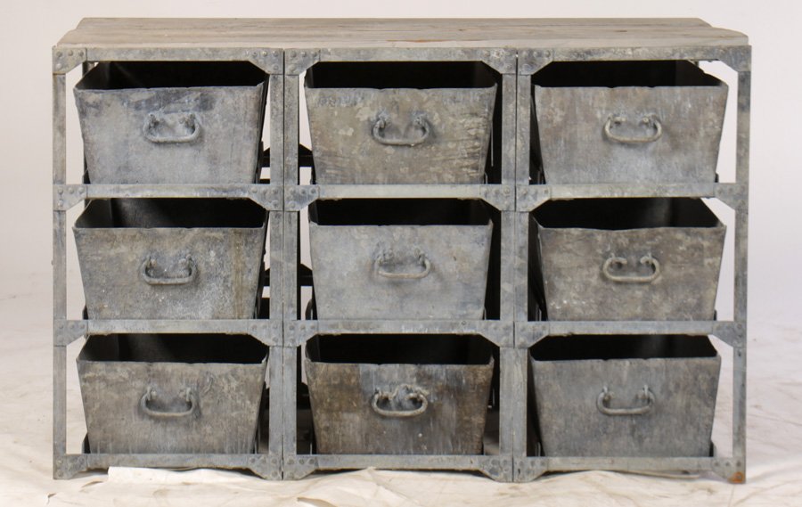 INDUSTRIAL METAL SORTING TABLE INSET WOOD TOP: A good industrial metal sorting table having inset wood top over nine handled bins. Ht: 38" Width: 52" Depth: 21.5"