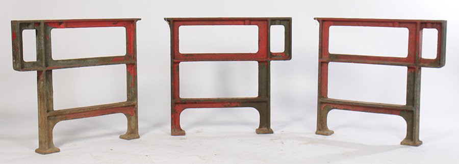 3 19TH C. CAST IRON INDUSTRIAL TABLE BASES: A lot of three late nineteenth century cast iron industrial table bases. Perfect for large counter or table. Ht: 30.5" Width: 33" Depth: 3"