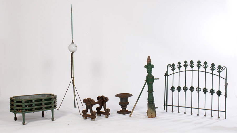 GARDEN OBJECT LOT BOOT SCRAPER URN PLANTER 1920: A good garden object lot circa 1920. Including an Art Deco style iron planter, a good Regency style boot scraper, a garden gate, small cast iron urn, and a copper lightening rod. Ht: 27" Width: 30" (l