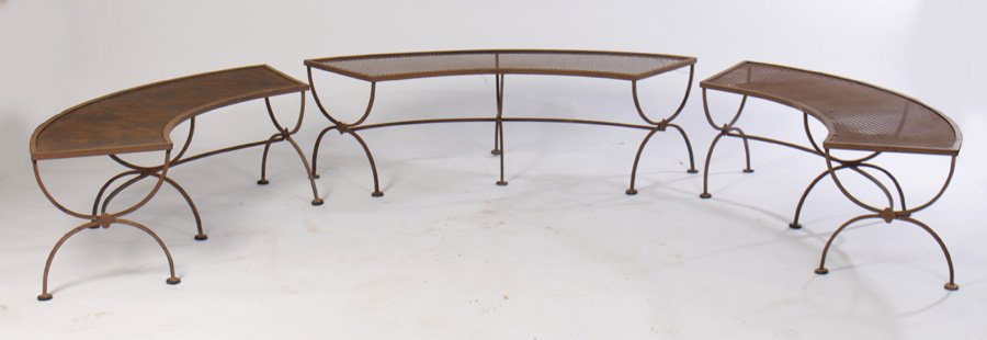 3 MID CENTURY WOODARD WROUGHT IRON GARDEN BENCHES: A lot of three mid century modern Woodard wrought iron demilune form garden benches circa 1960. Ht: 18" Width: 58" Depth: 16"