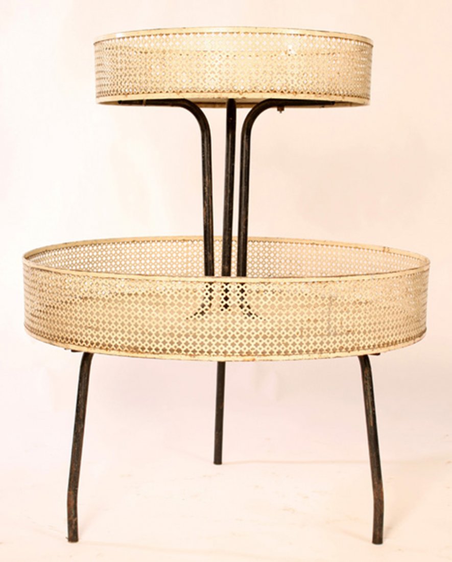 MATHIEU MATéGOT 2 TIER PERFORATED IRON PLANTER: Mathieu Matégot two tier perforated iron planter circa 1950. Ht: 38" Width: 32" Depth: 32"