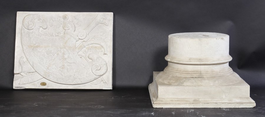 MUSEE DE SCULPTURE COMPAREE NEOCLASSICAL PANEL: A Musee de Sculpture comparee, Palais du trocadero labeled plaster Neoclassical panel and an inscribed plaster column capital circa 1907. Dimensions: Ht: 22" Width: 27.5"