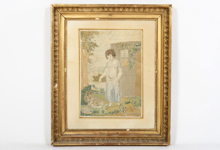 FRAMED EMBROIDERY ON SILK LABELED PARIS 1870 (1 of 4)